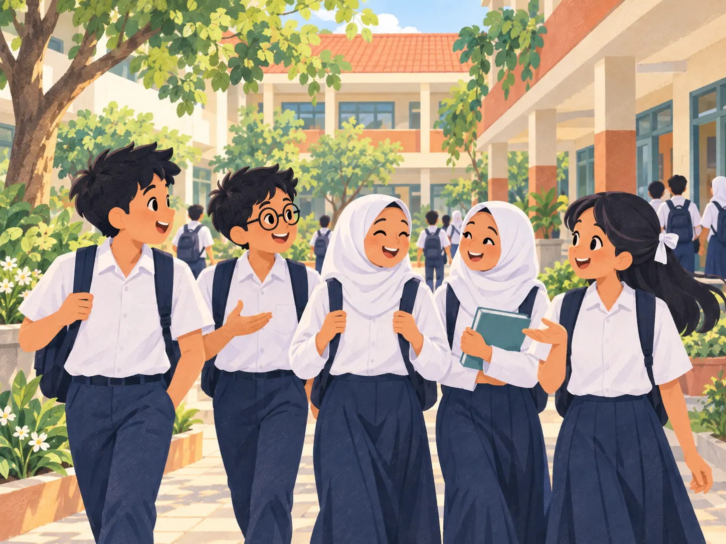 Ilustrasi: halaman sekolah yang menghubungkan ruang kelas terang dan tanaman hijau.