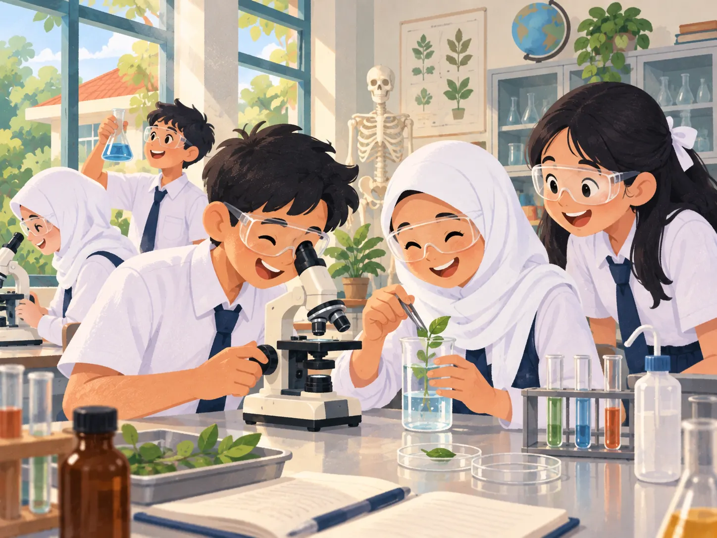 Ilustrasi: dua siswa berkacamata pelindung mengamati percobaan di laboratorium sains.