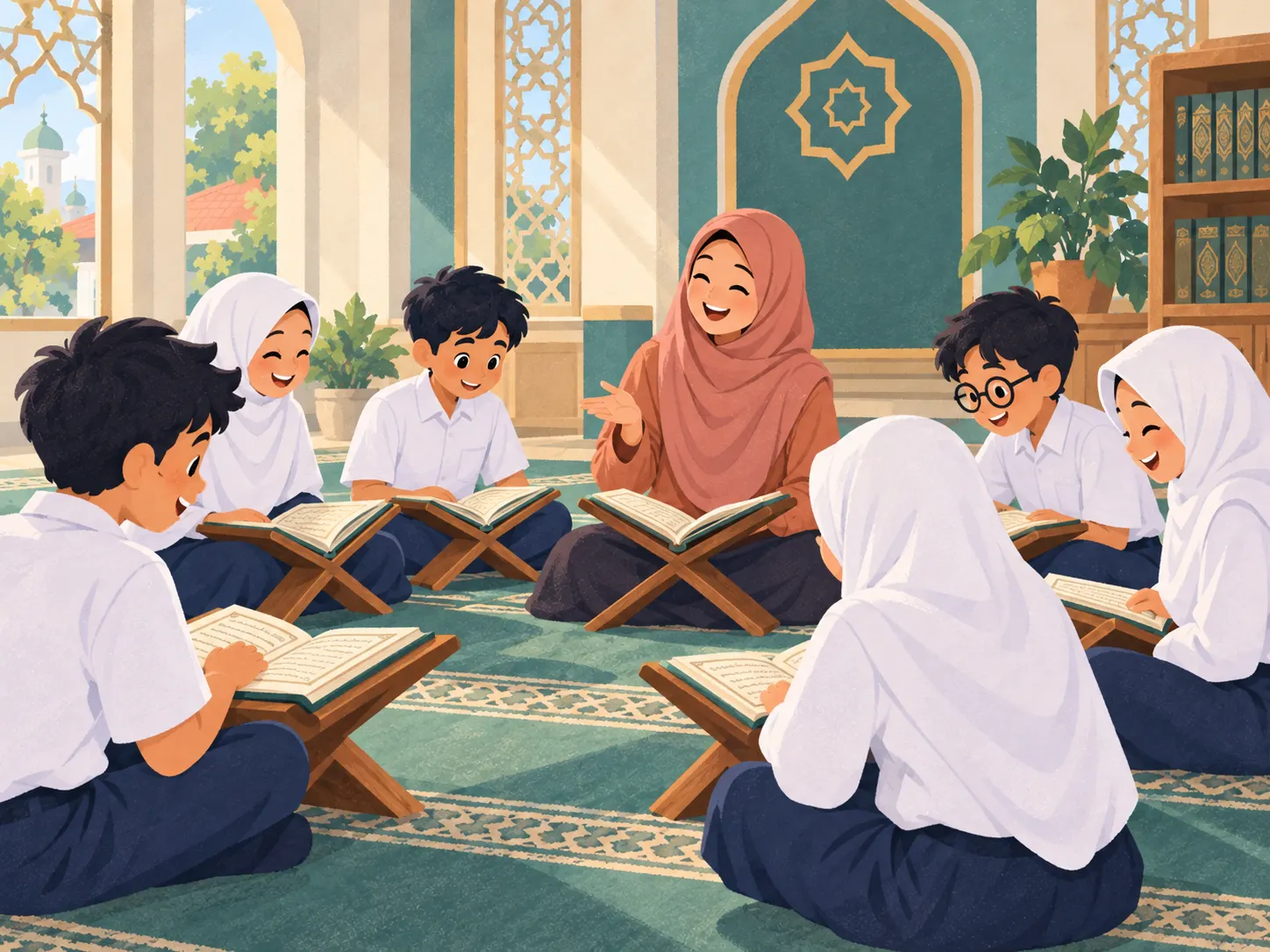 Ilustrasi: siswa mengaji Al-Qur'an di atas rehal bersama guru di ruang ibadah.