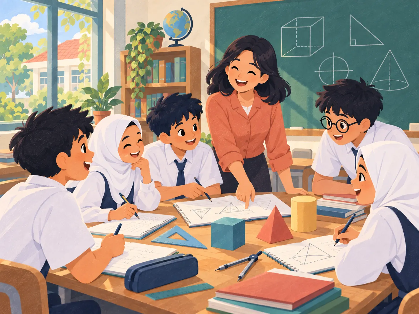 Illustration: pupils working through mathematics together with their teacher.
