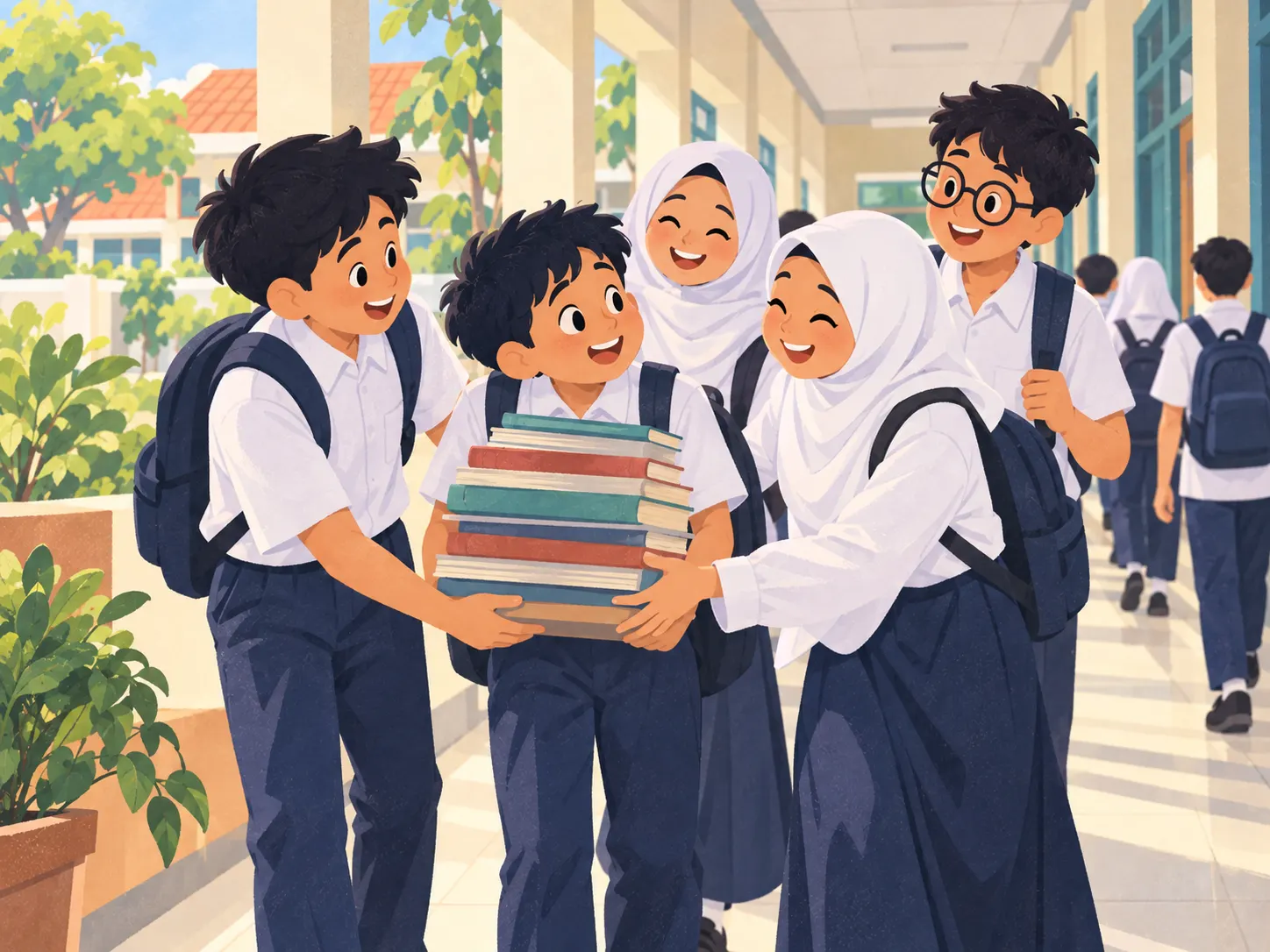 Ilustrasi: siswa bergotong royong membantu teman membawa buku di koridor sekolah.