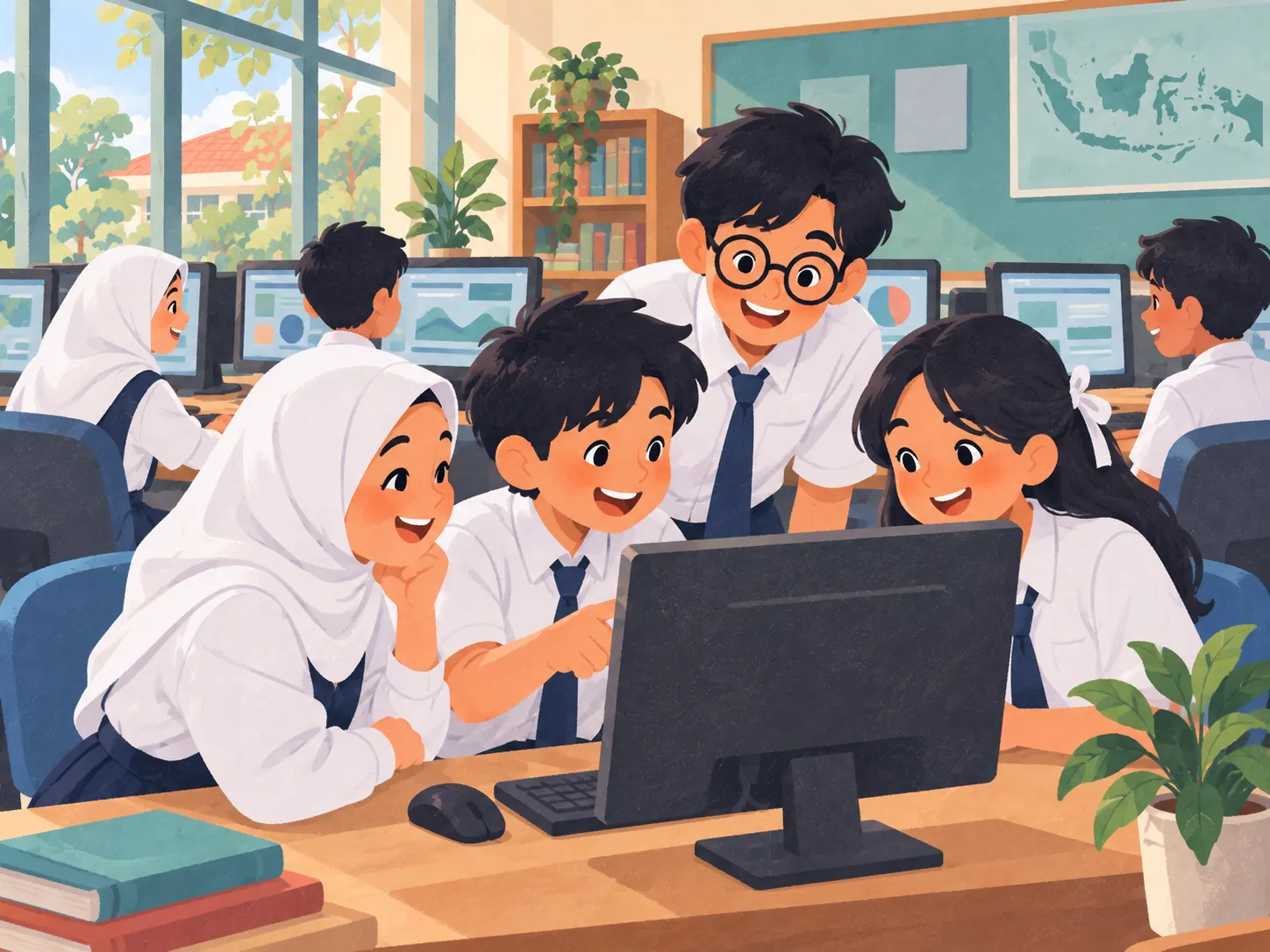 Ilustrasi: siswa bekerja sama di depan komputer dalam laboratorium komputer.