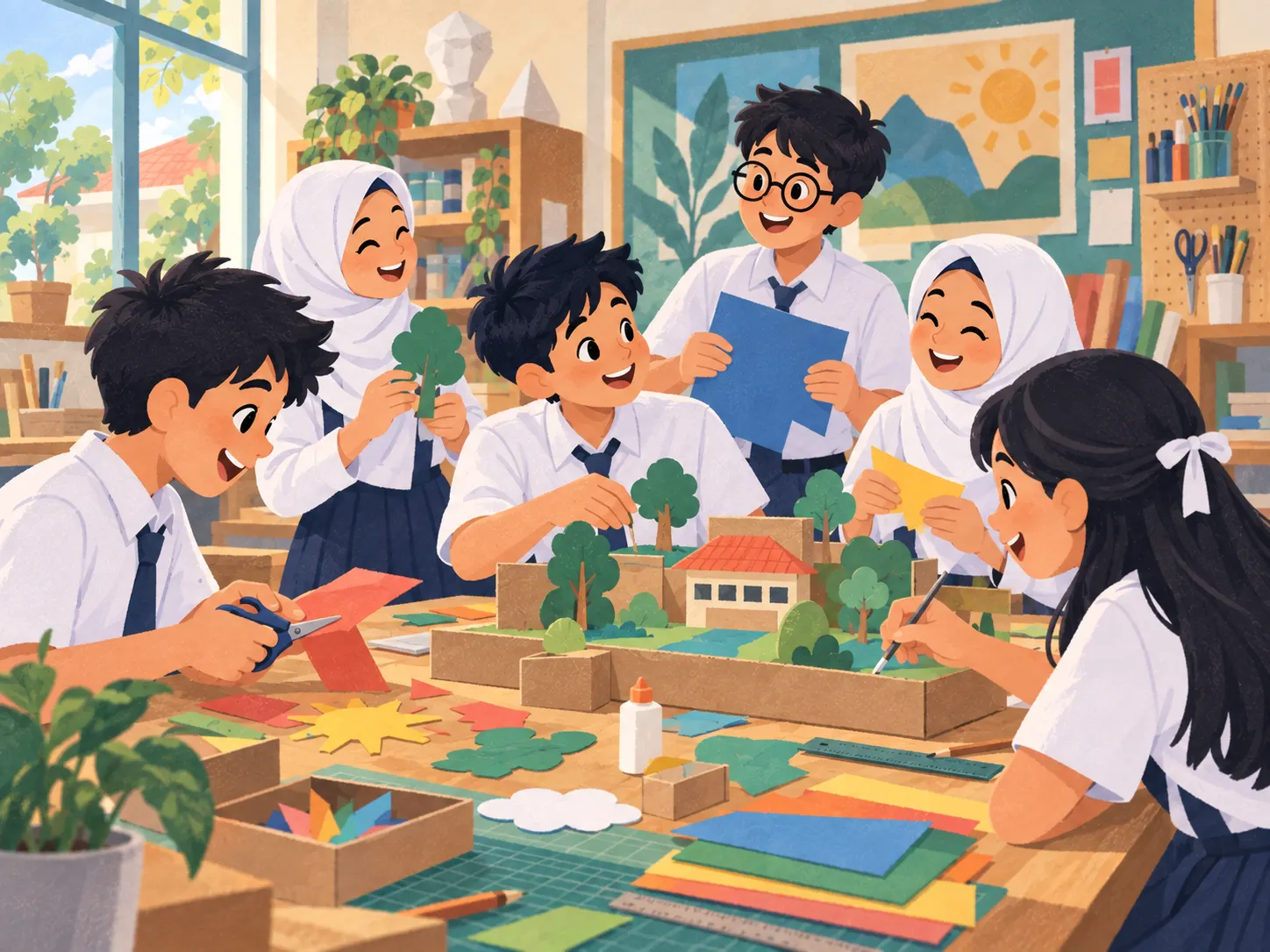 Ilustrasi: siswa membuat karya kertas dan maket kardus di ruang kreatif.