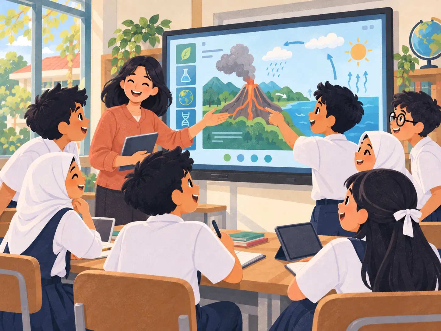 Illustration: a teacher and pupils exploring a science diagram on a classroom interactive panel.
