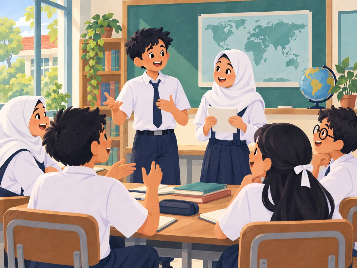Illustration: pupils practising an English conversation in a classroom with a globe.