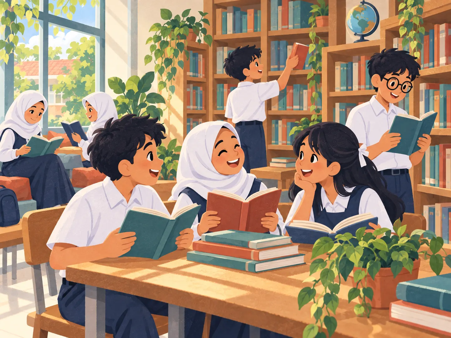 Ilustrasi: siswa membaca buku bersama di perpustakaan sekolah yang terang.