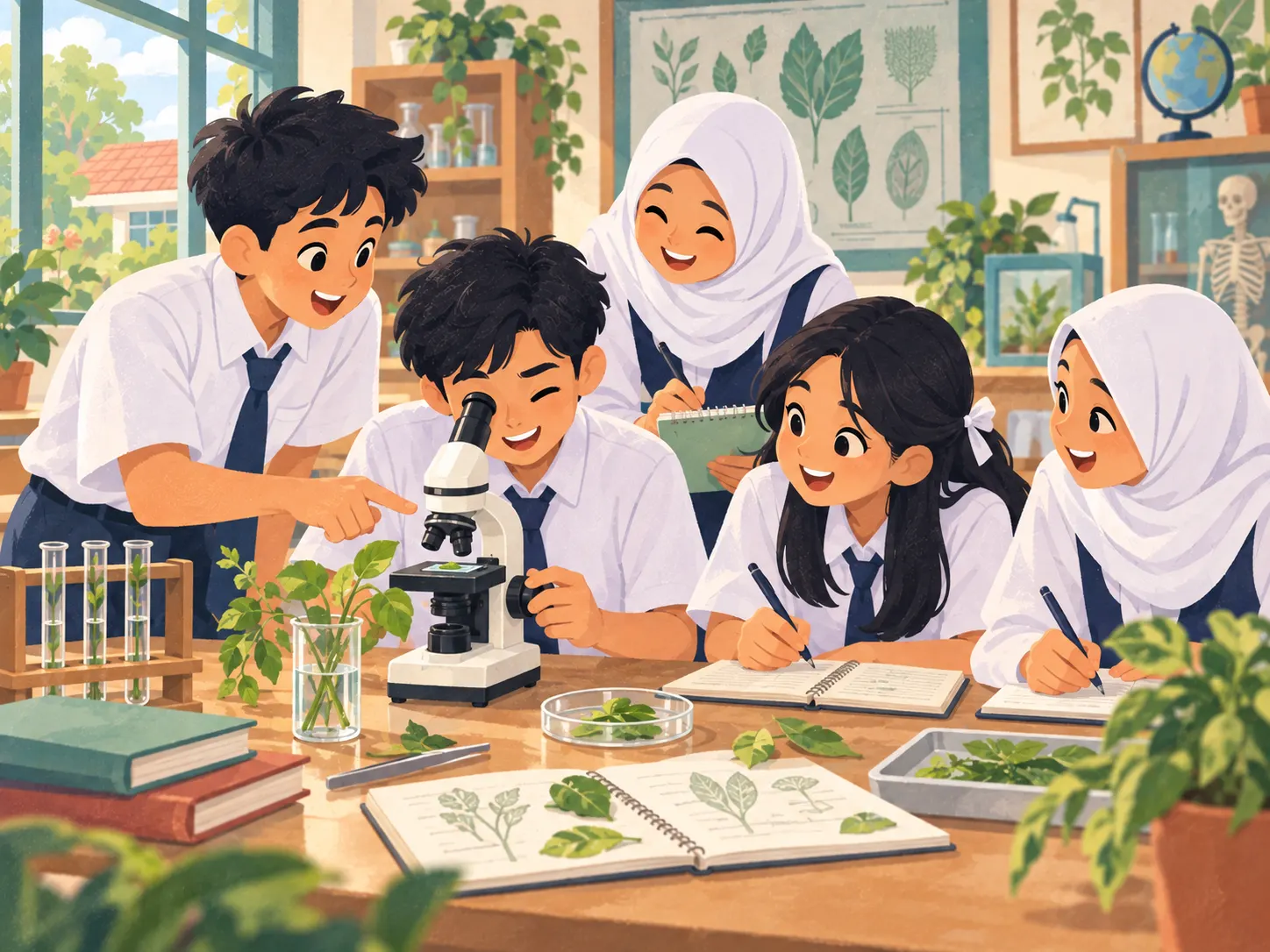 Illustration: pupils examining plants under a microscope and recording what they observe.