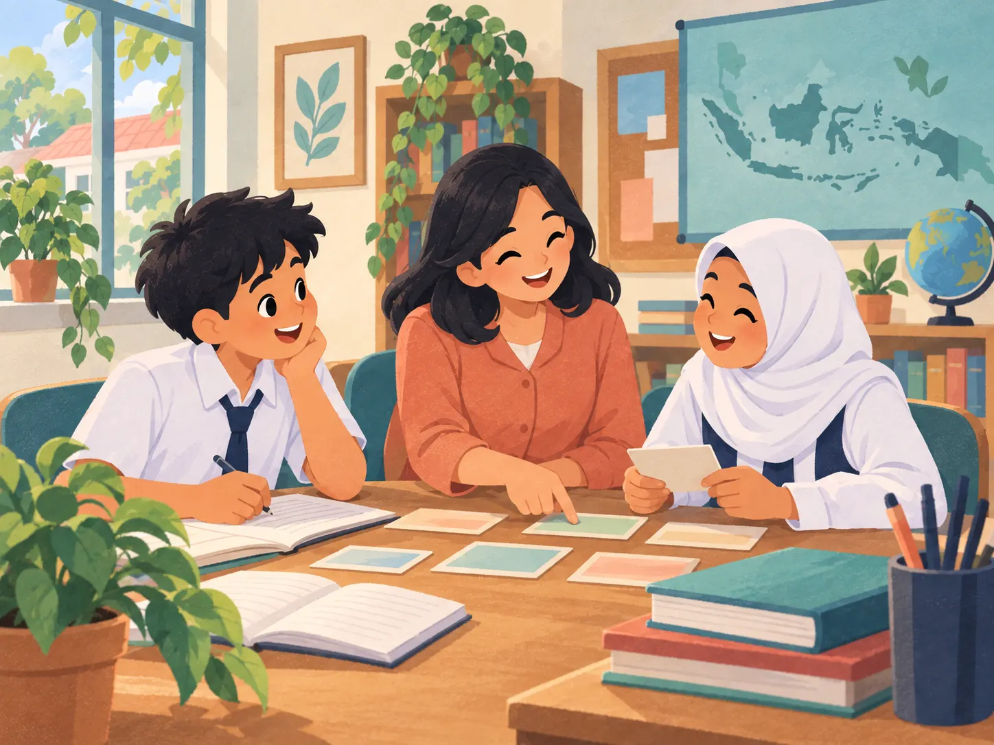 Ilustrasi: guru mendampingi dua siswa belajar dengan kartu dan buku di ruang dukungan belajar.